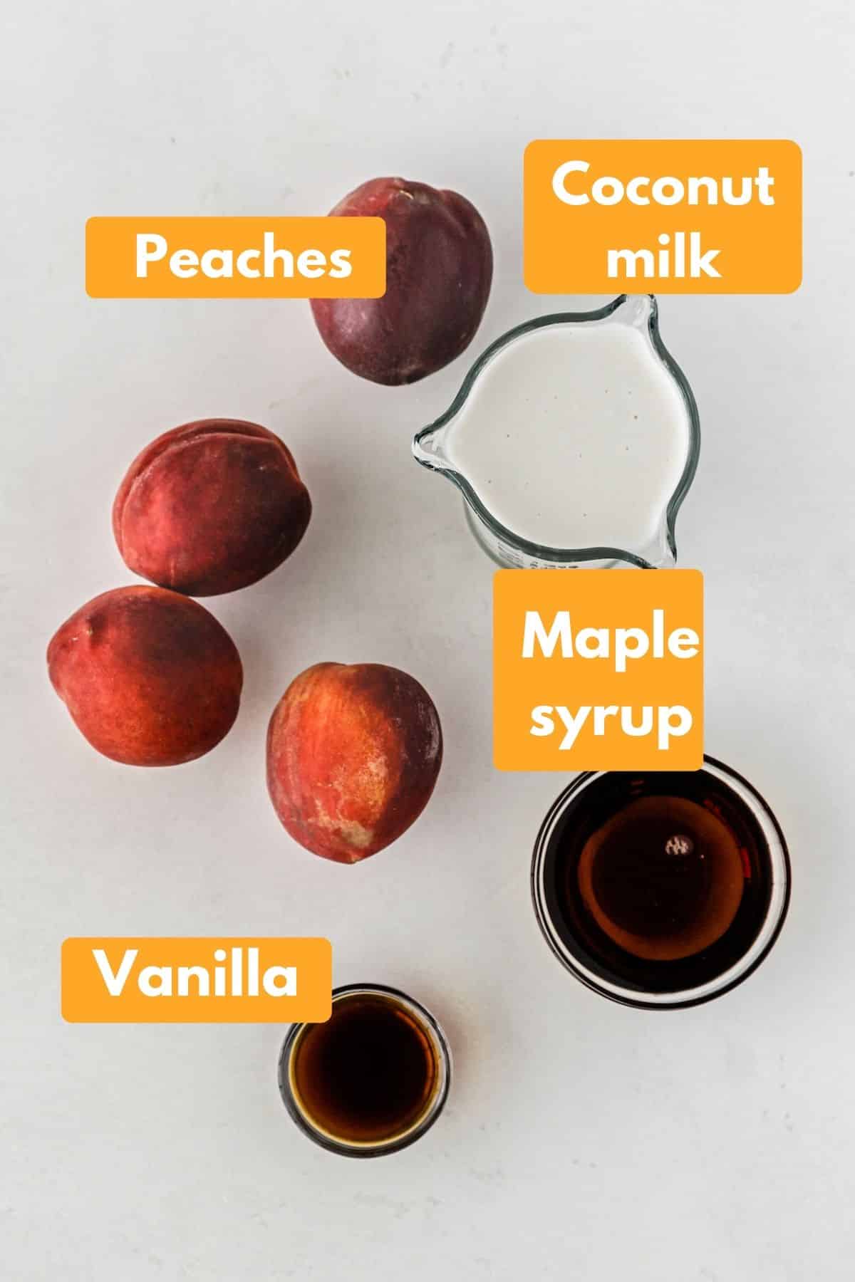 photo with labeled ingredients to make vegan peach ice cream.