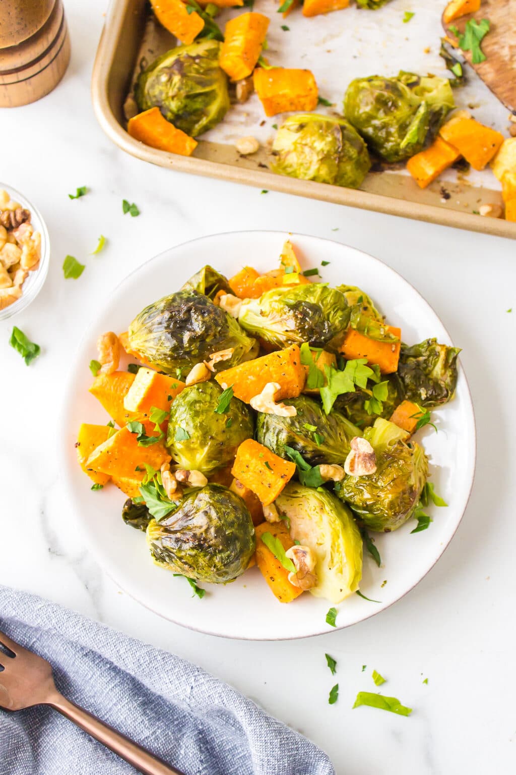 Roasted Brussels Sprouts and Sweet Potatoes with Walnuts