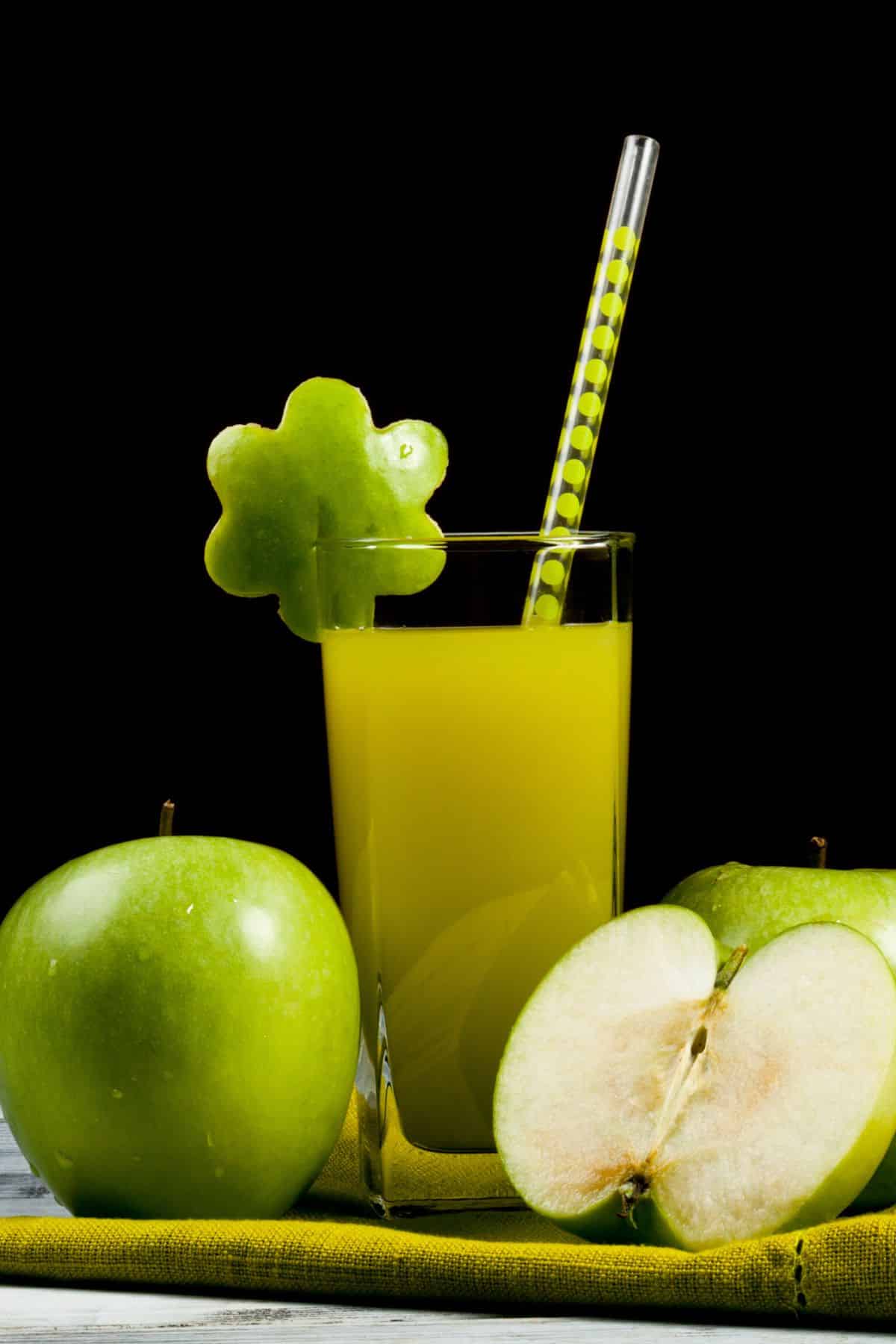 Glass Fresh Organic Apple Juice Green Apples Box Wood Background