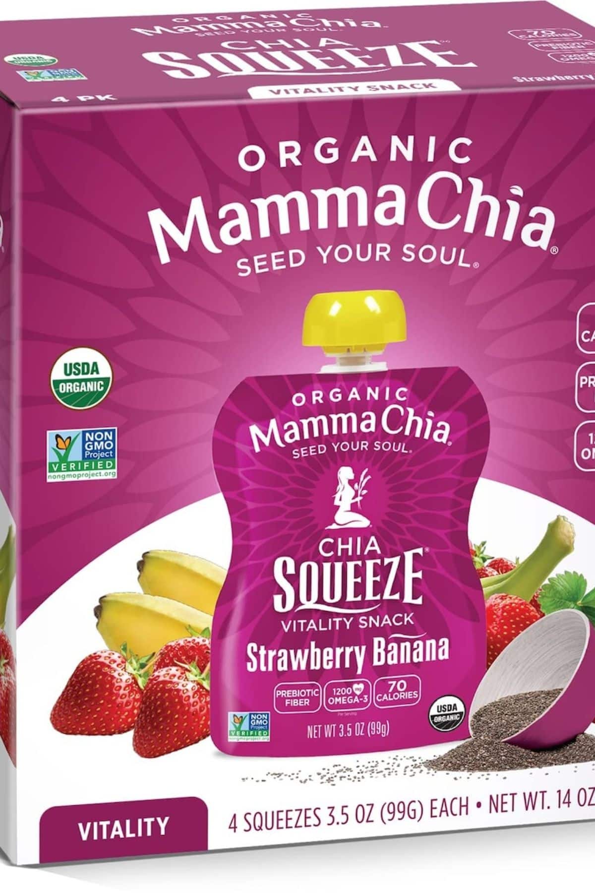 a box of Mamma Chia squeeze pouches in strawberry banana.