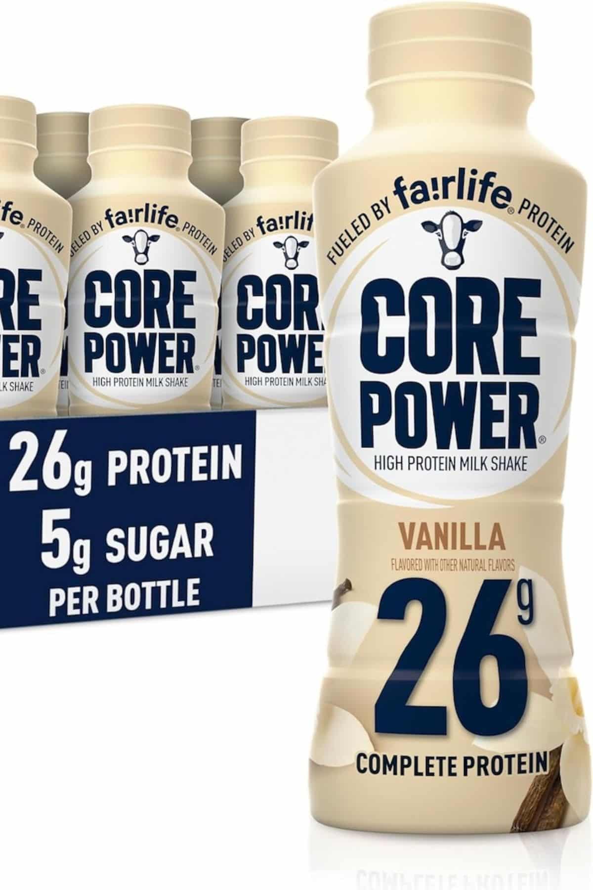 a bottle of Fairlife Core Power Protein drink in front of a box of several other bottles.