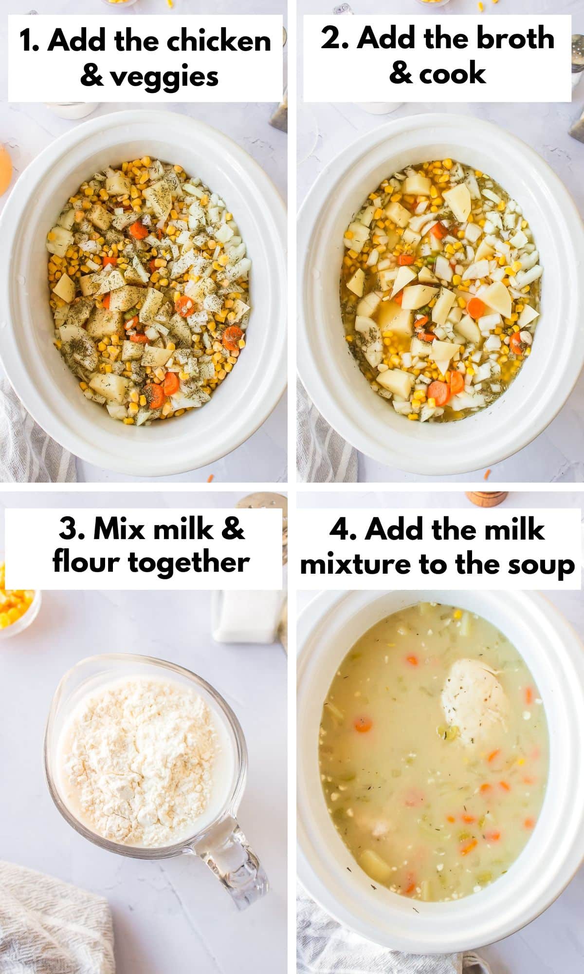 the process for cooking crockpot chicken, corn and potato soup.