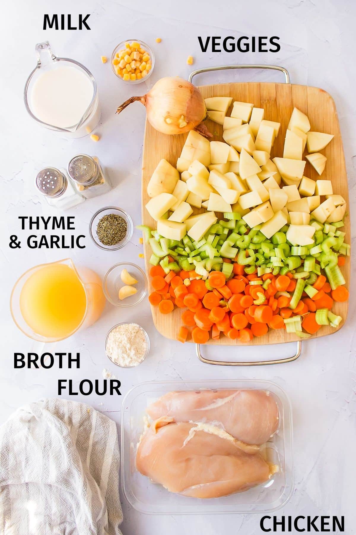 ingredients needed to make crockpot chicken, corn and potato soup.