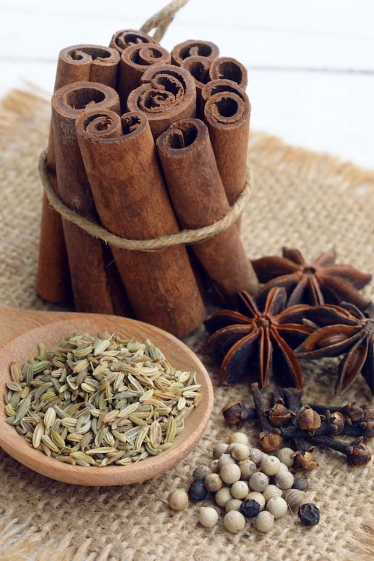 ingredients for chinese five spice powder on table.